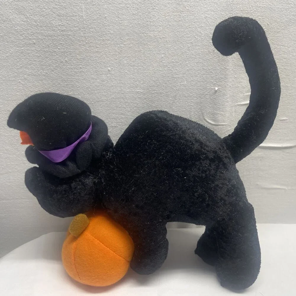 Vintage Halloween Plush Black Cat Hat Pumpkin Arched Back Decoration Fall Autumn